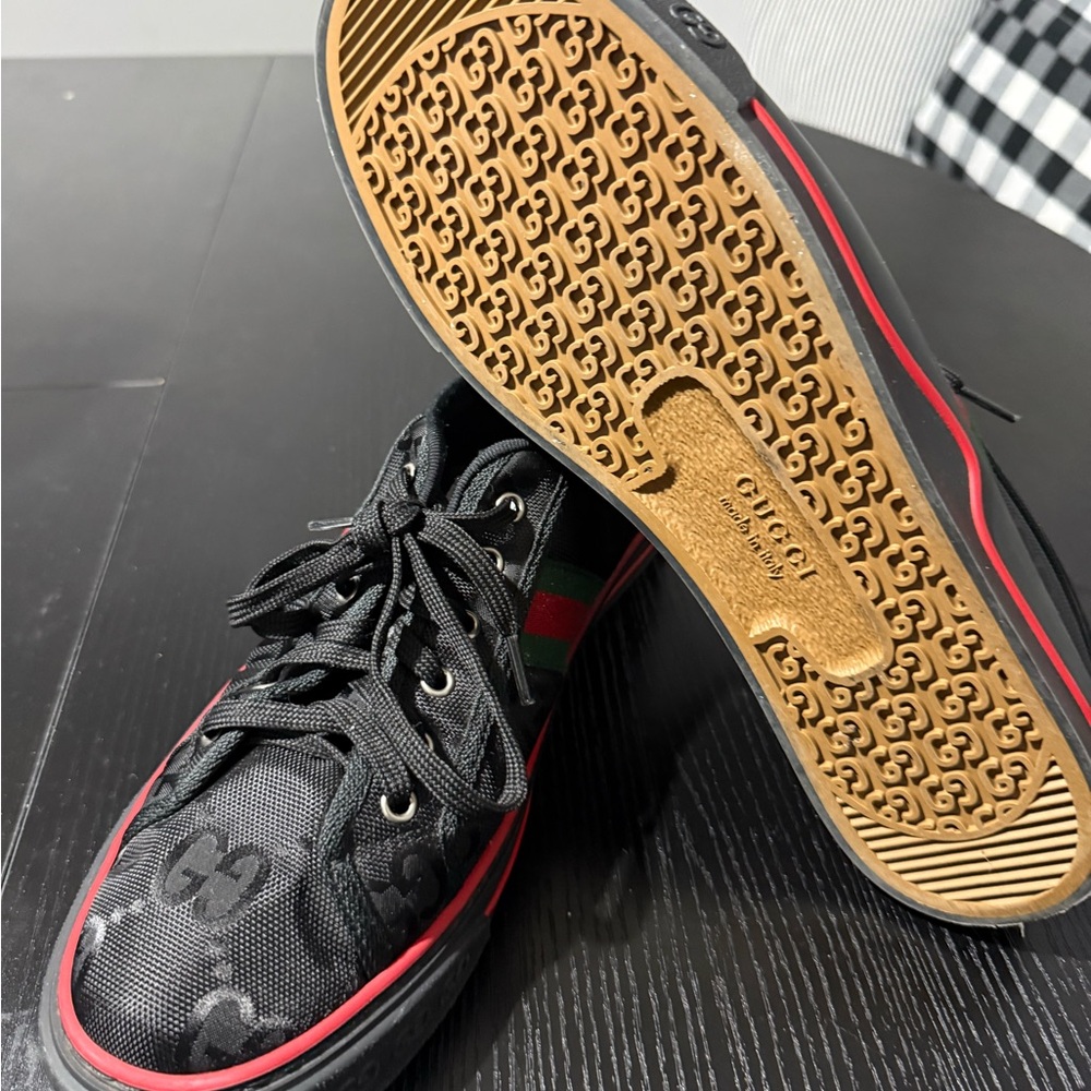 Gucci Black GG Canvas Sneakers with Red Sole Trim and Web Stripe - Picture 4 of 4